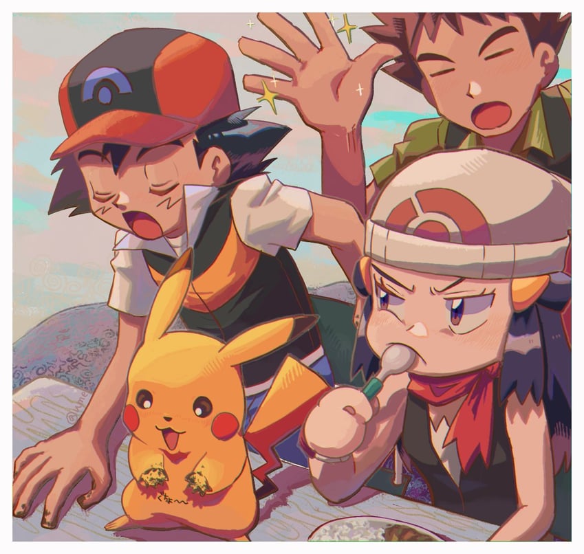 pikachu, dawn, ash ketchum, and brock (pokemon and 1 more) drawn by umebosibakari2