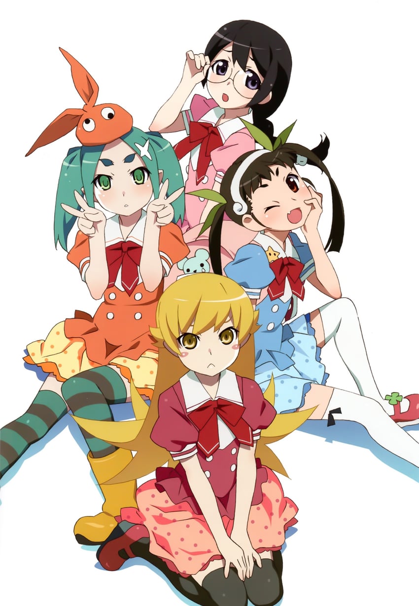 oshino shinobu, hanekawa tsubasa, hachikuji mayoi, and ononoki yotsugi (monogatari) drawn by watanabe_akio