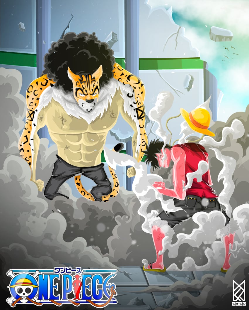 monkey d. luffy and rob lucci (one piece) drawn by jm_productions