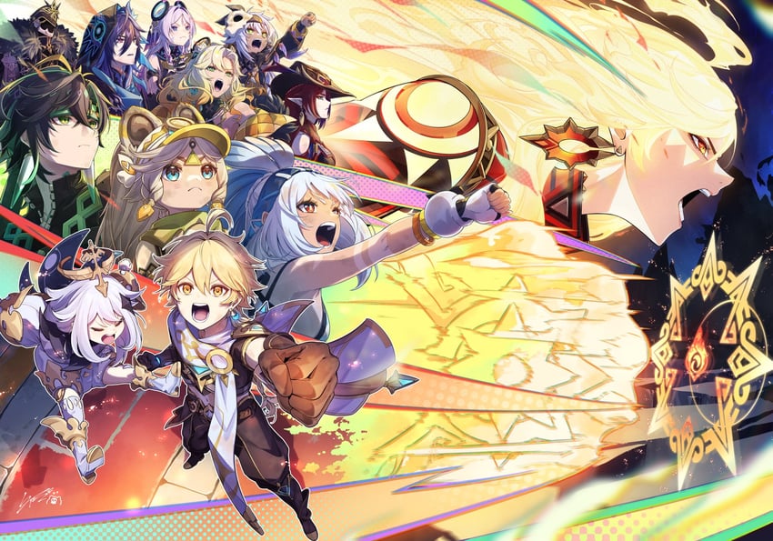 aether, paimon, citlali, mavuika, mualani, and 7 more (genshin impact) drawn by taiju_(gr09kuma)