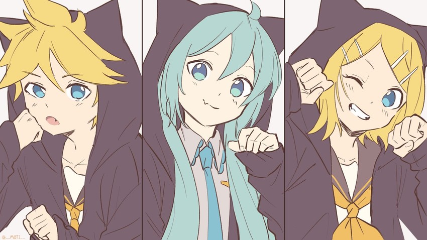 hatsune miku, kagamine rin, and kagamine len (vocaloid) drawn by m0ti