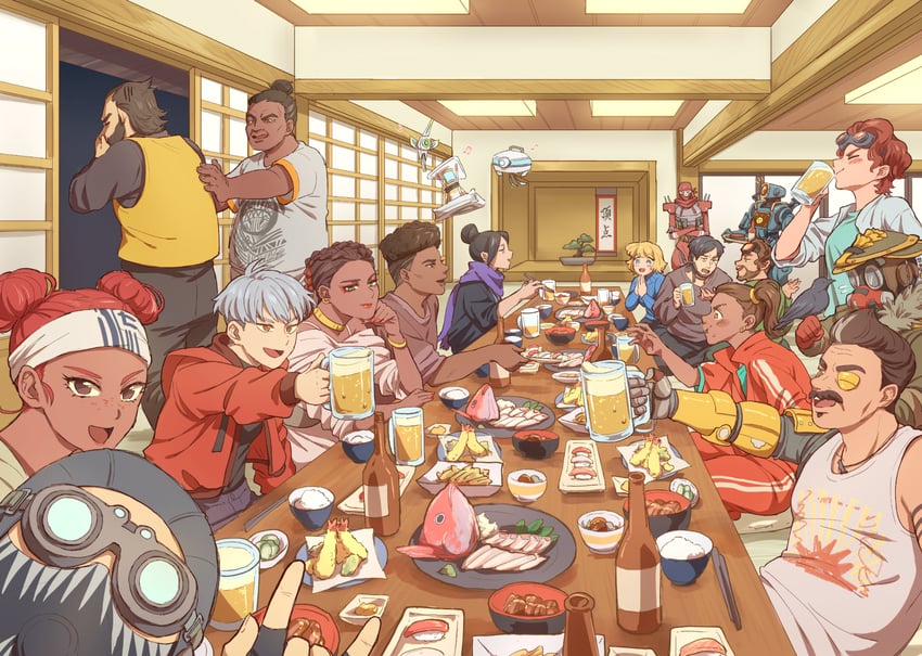 wattson, wraith, crypto, octane, valkyrie, and 15 more (apex legends) drawn by kogane_mushi