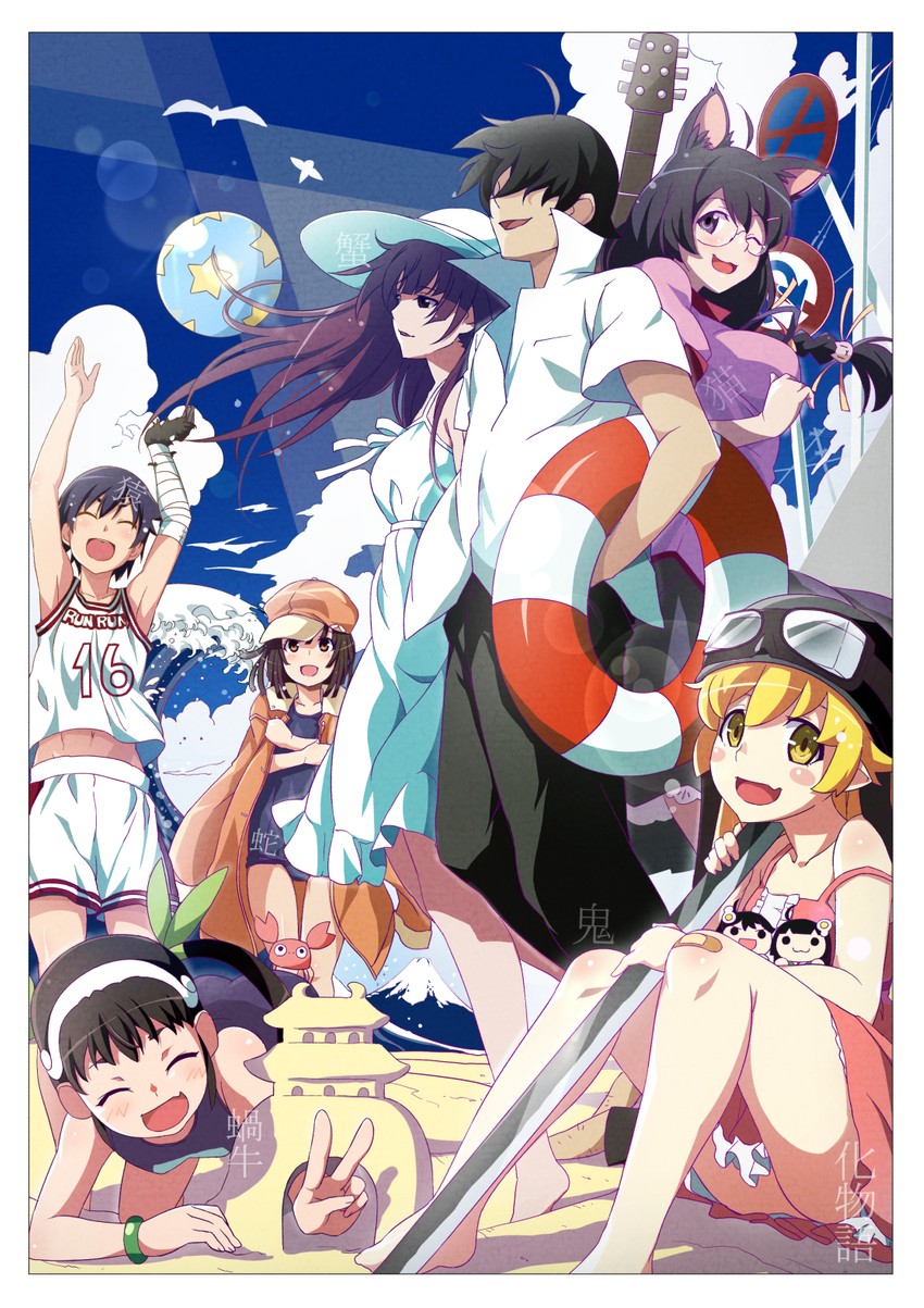 oshino shinobu, hanekawa tsubasa, sengoku nadeko, hachikuji mayoi, araragi koyomi, and 3 more (monogatari) drawn by gesugesu_ahoaho