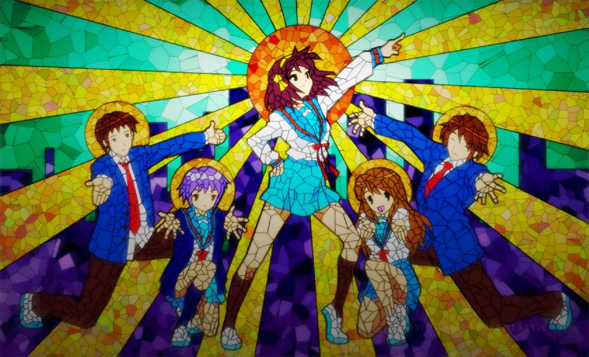 suzumiya haruhi, nagato yuki, asahina mikuru, kyon, koizumi itsuki, and 1 more (suzumiya haruhi no yuuutsu) drawn by deliciousorange
