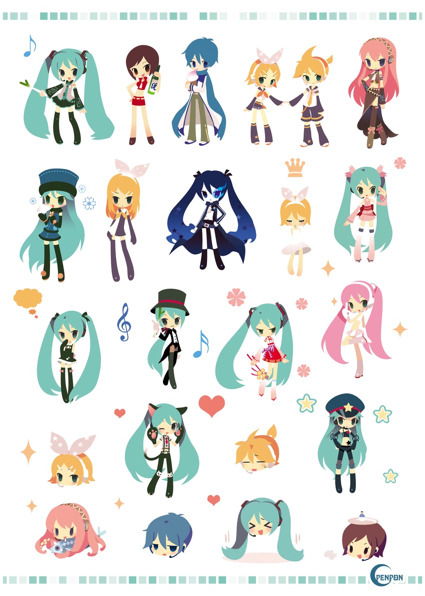 hatsune miku, kagamine rin, kagamine len, megurine luka, kaito, and 3 more (vocaloid and 5 more) drawn by penpon
