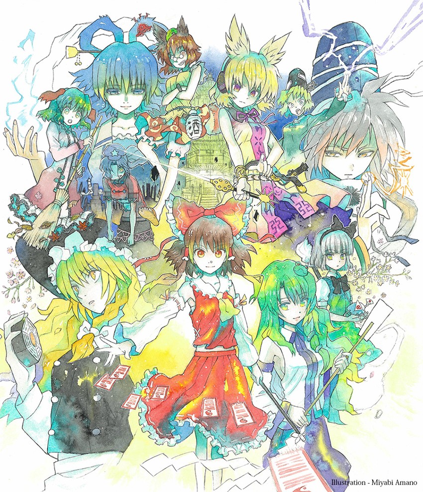 hakurei reimu, kirisame marisa, kochiya sanae, konpaku youmu, saigyouji yuyuko, and 8 more (touhou and 1 more) drawn by amano_miyabi