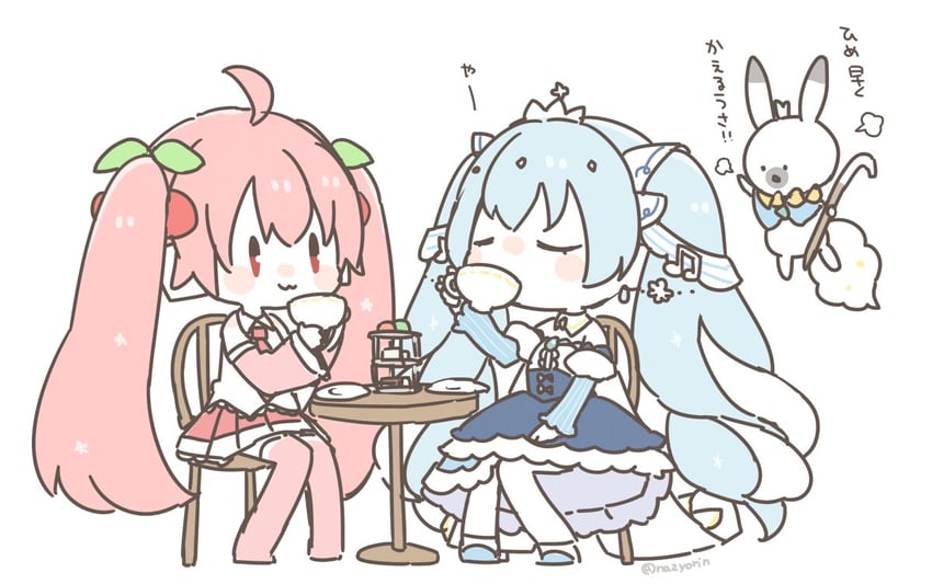 hatsune miku, yuki miku, sakura miku, and rabbit yukine (vocaloid) drawn by najo