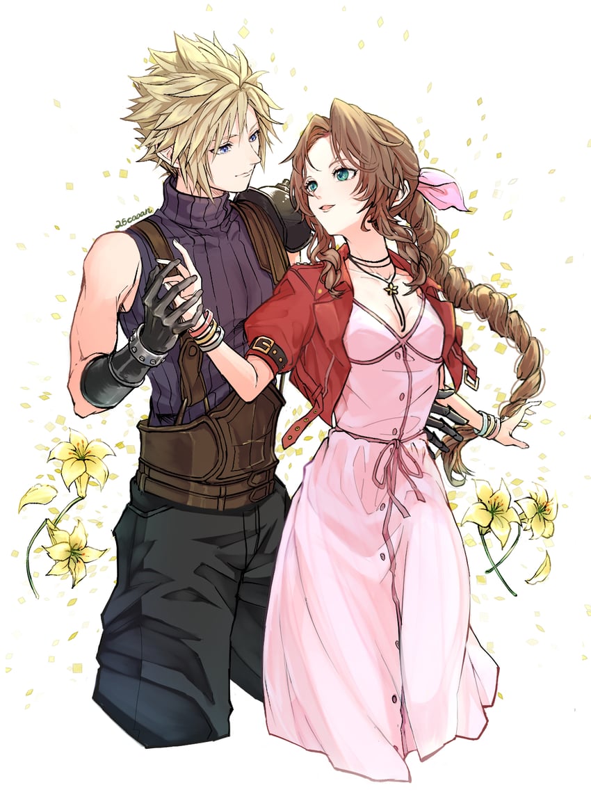 cloud strife and aerith gainsborough (final fantasy and 3 more) drawn by 26caaan