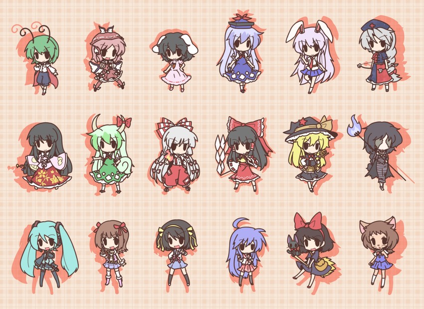 hatsune miku, hakurei reimu, kirisame marisa, reisen udongein inaba, fujiwara no mokou, and 14 more (touhou and 9 more) drawn by fushigi_ebi