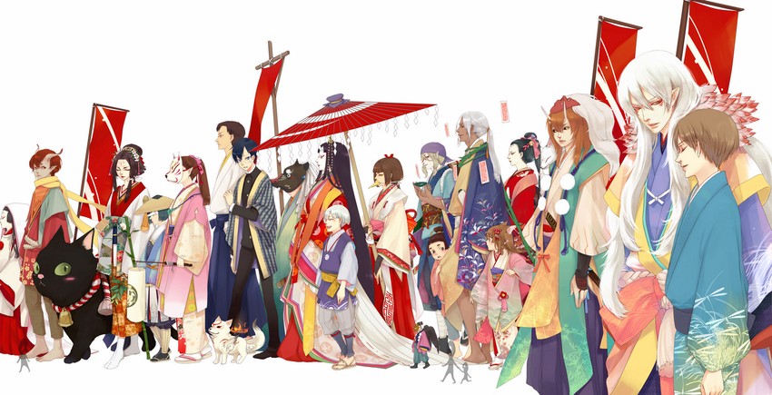 amaterasu, kusuriuri, natsume takashi, watanuki kimihiro, and chibiterasu (original and 5 more) drawn by chm