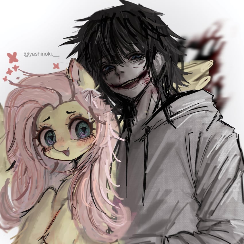 fluttershy and jeff the killer (my little pony and 2 more) drawn by yashinokiii