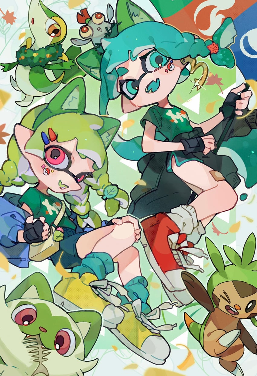 inkling player character, inkling girl, sprigatito, snivy, smallfry, and 1 more (pokemon and 2 more) drawn by miruko_(mt423324bchoco)