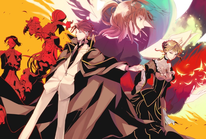 beatrice, ushiromiya battler, ushiromiya ange, virgilia, gaap, and 1 more (umineko no naku koro ni) drawn by harukawa_sango