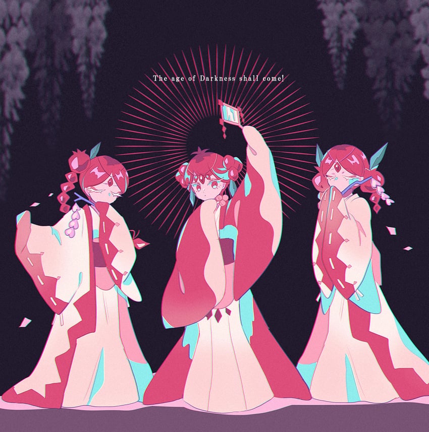 pomegranate cookie, priestess cookie b, and priestess cookie a (cookie run and 1 more) drawn by mamimumemo