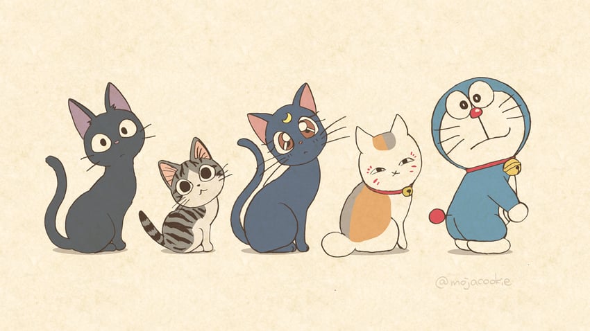 doraemon, luna, jiji, nyanko-sensei, and chi (bishoujo senshi sailor moon and 4 more) drawn by mojacookie