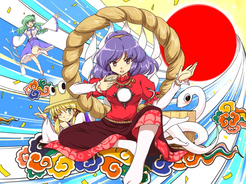 kochiya sanae, moriya suwako, and yasaka kanako (touhou) drawn by flx