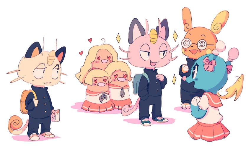 meowth, alolan raichu, brionne, alolan meowth, and alolan dugtrio (pokemon) drawn by lyn_mametchi