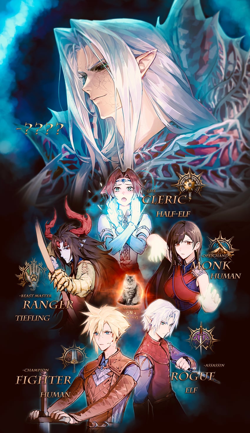 tifa lockhart, cloud strife, aerith gainsborough, sephiroth, zack fair, and 1 more (final fantasy and 5 more) drawn by lily_(shio1006)