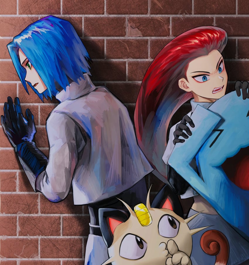 jessie, james, meowth, and wobbuffet (pokemon) drawn by b_gegom