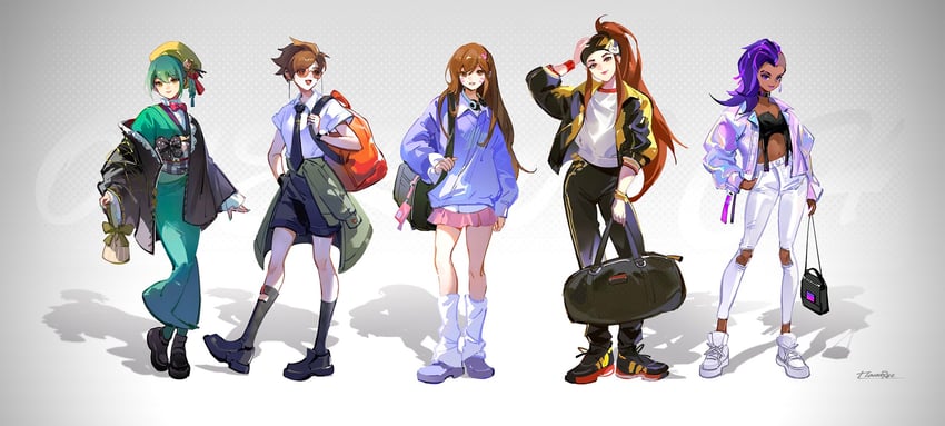 d.va, tracer, sombra, kiriko, and brigitte (overwatch and 1 more) drawn by road_233