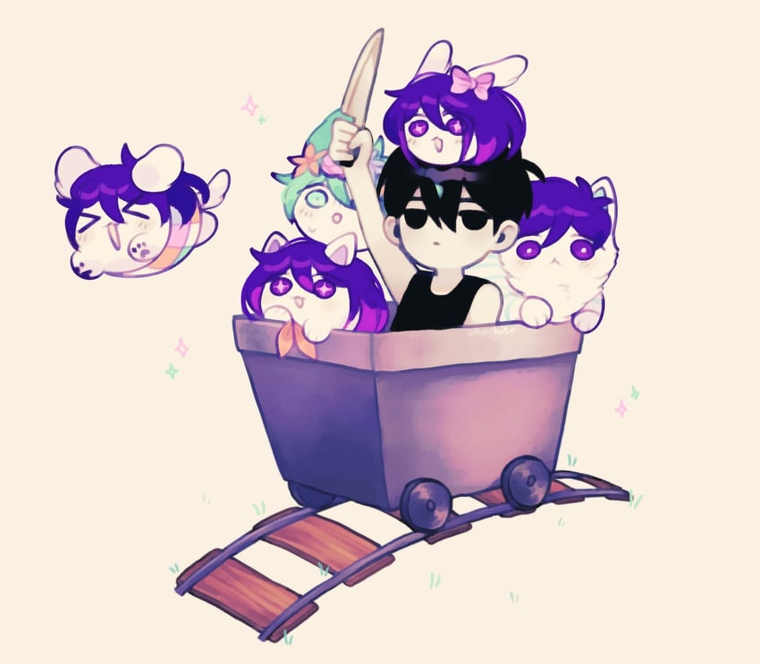 omori, basil, aubrey, mari, kel, and 1 more (omori) drawn by omo_taru
