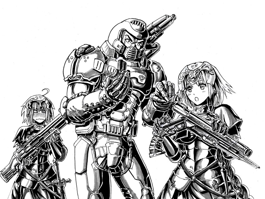 jeanne d'arc, jeanne d'arc alter, and doomguy (fate and 3 more) drawn by substance20
