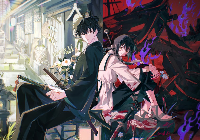 yamato takeru and miyamoto iori (fate and 2 more) drawn by ming_yue_zz