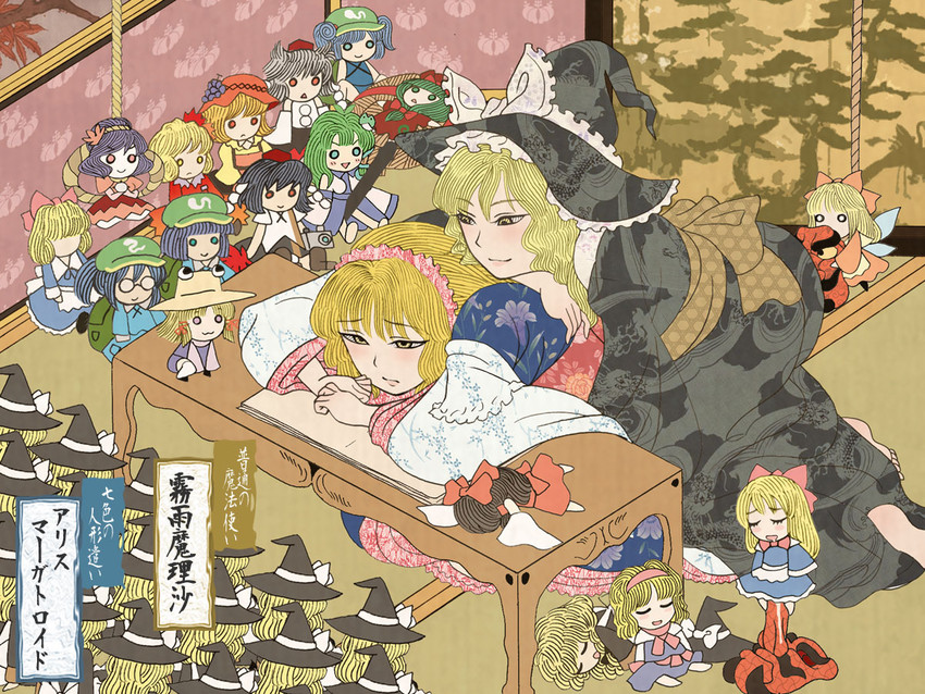 hakurei reimu, kirisame marisa, kochiya sanae, alice margatroid, shameimaru aya, and 12 more (touhou) drawn by cloritin