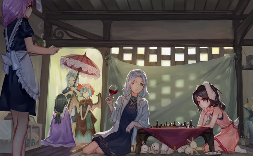 remilia scarlet, izayoi sakuya, reisen udongein inaba, houraisan kaguya, inaba tewi, and 1 more (touhou) drawn by tlobtr