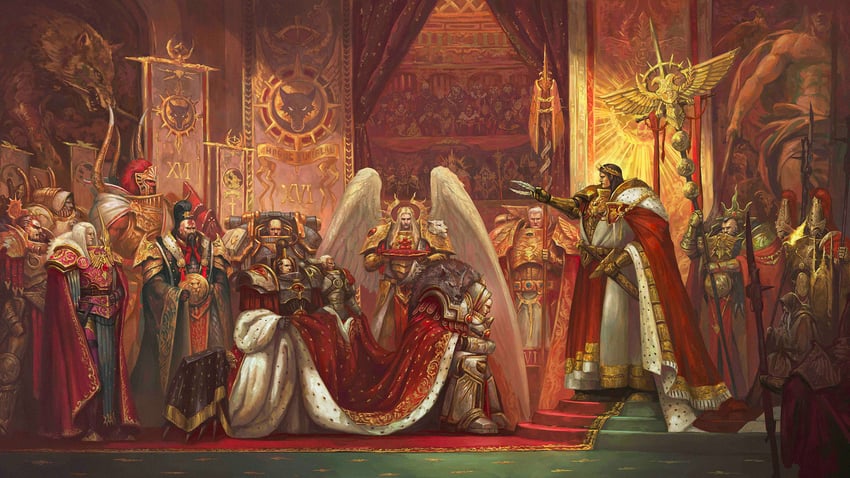 emperor of mankind, sanguinius, mortarion, horus lupercal, fulgrim, and 9 more (warhammer 40k and 1 more) drawn by kheljay