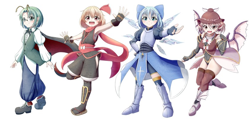 cirno, rumia, mystia lorelei, and wriggle nightbug (touhou) drawn by wan_tama