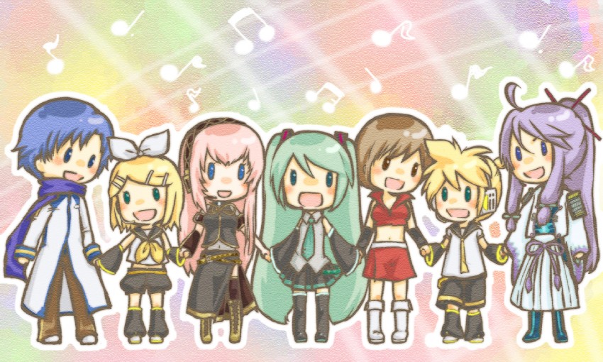 hatsune miku, kagamine rin, kagamine len, megurine luka, kaito, and 2 more (vocaloid) drawn by momiji_rou