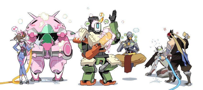 d.va, genji, hanzo, zenyatta, bastion, and 1 more (overwatch and 1 more) drawn by littleb