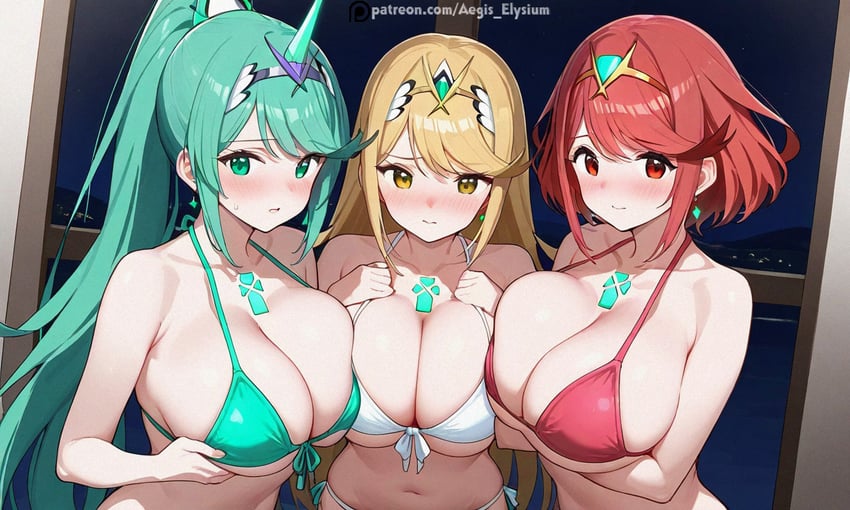 pyra, mythra, and pneuma (xenoblade chronicles and 1 more) drawn by aegis_elysium