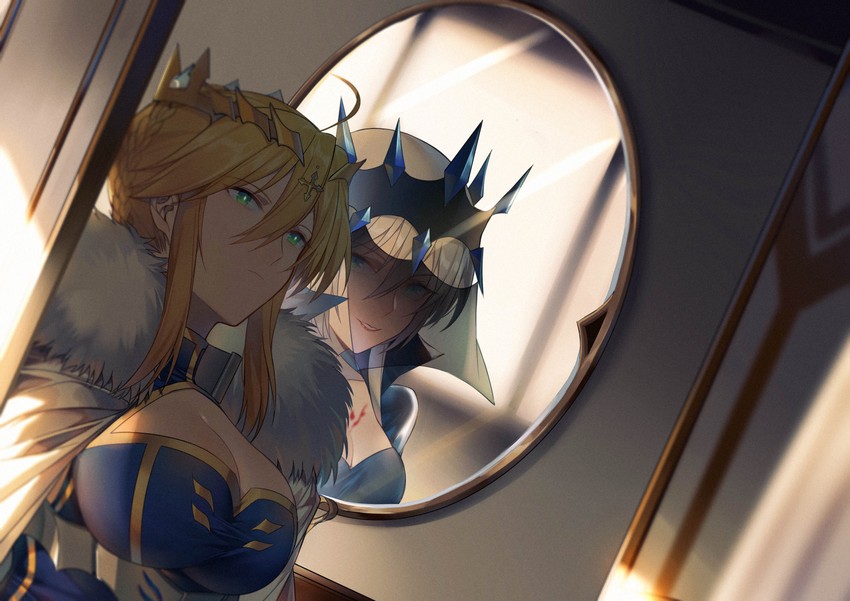 artoria pendragon, morgan le fay, and lion king (fate and 2 more) drawn by yorukun