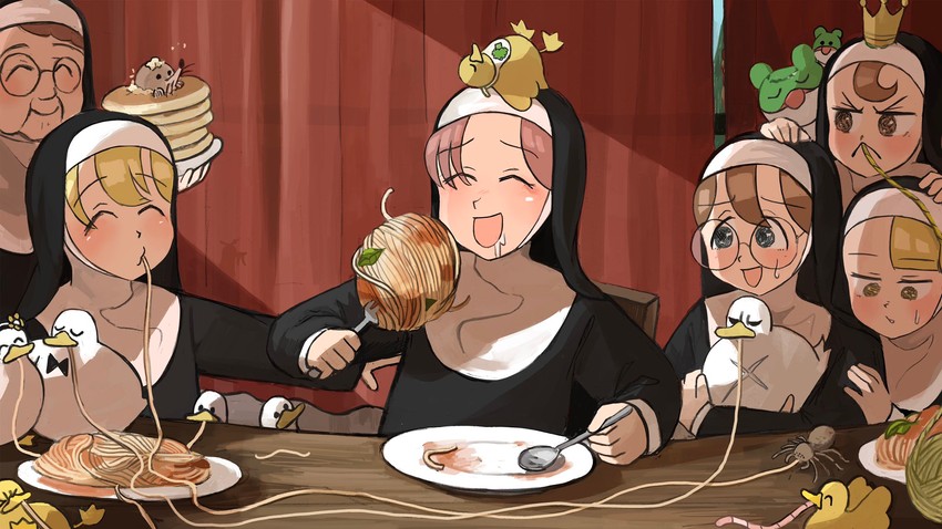 clumsy nun, froggy nun, spicy nun, glasses nun, hungry nun, and 1 more (little nuns) drawn by diva_(hyxpk)