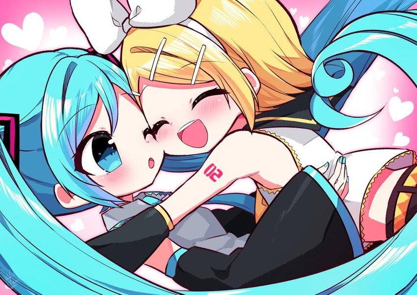 hatsune miku and kagamine rin (vocaloid) drawn by kasaki_sakura
