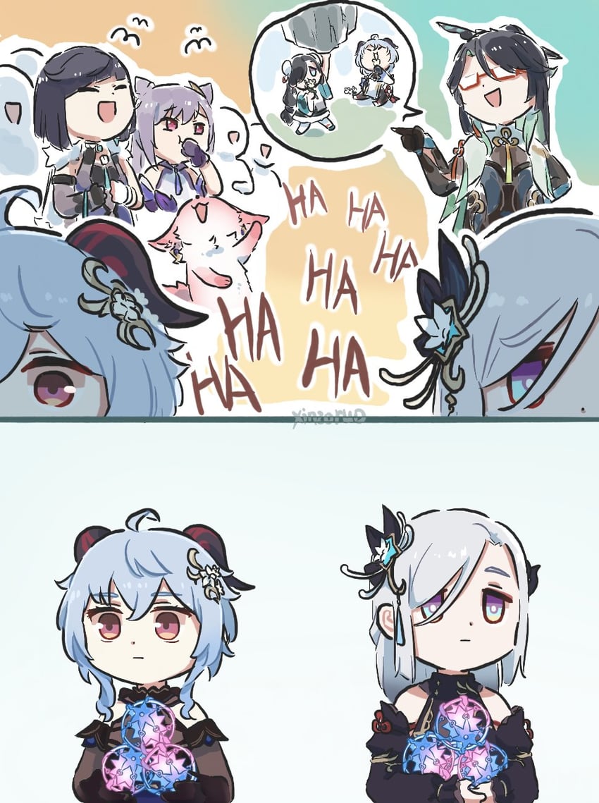 ganyu, yae miko, keqing, yelan, xianyun, and 1 more (genshin impact) drawn by xinzoruo