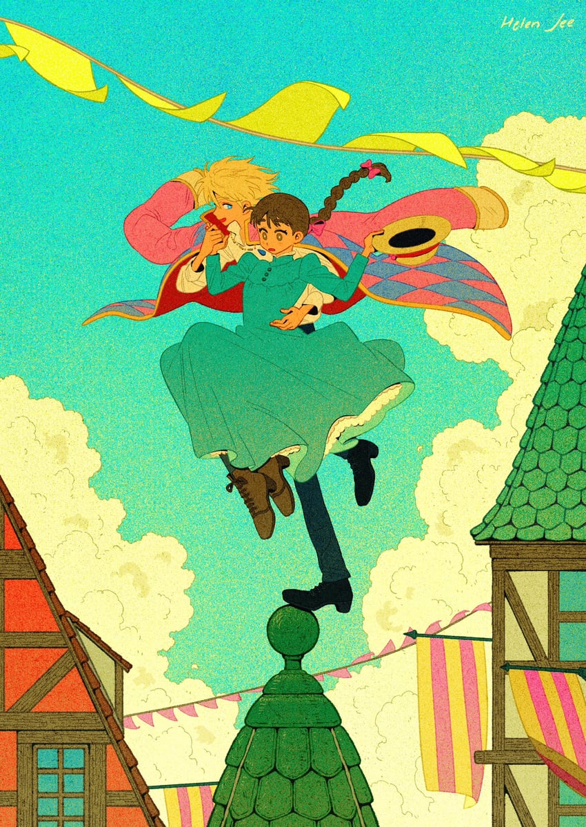 howl pendragon and sophie hatter (howl no ugoku shiro) drawn by helen_jee