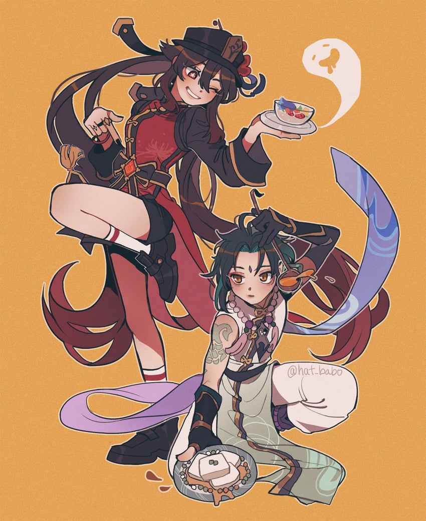 hu tao, xiao, and boo tao (genshin impact) drawn by hat_babo