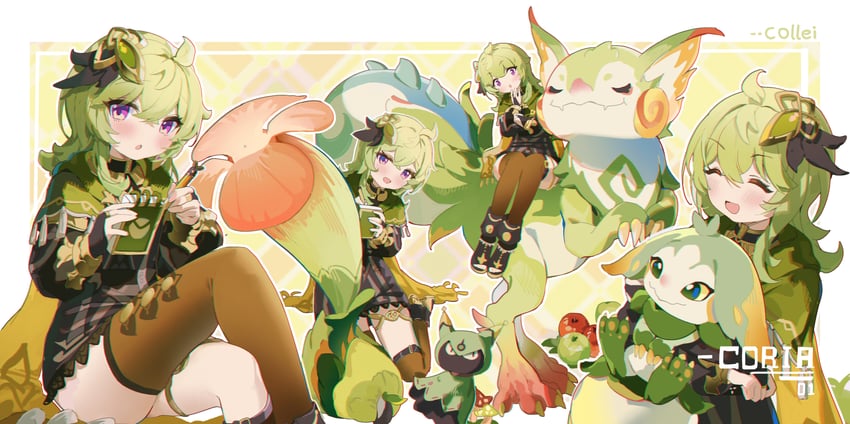 collei, cuilein-anbar, and yumkasaurus (genshin impact) drawn by coria