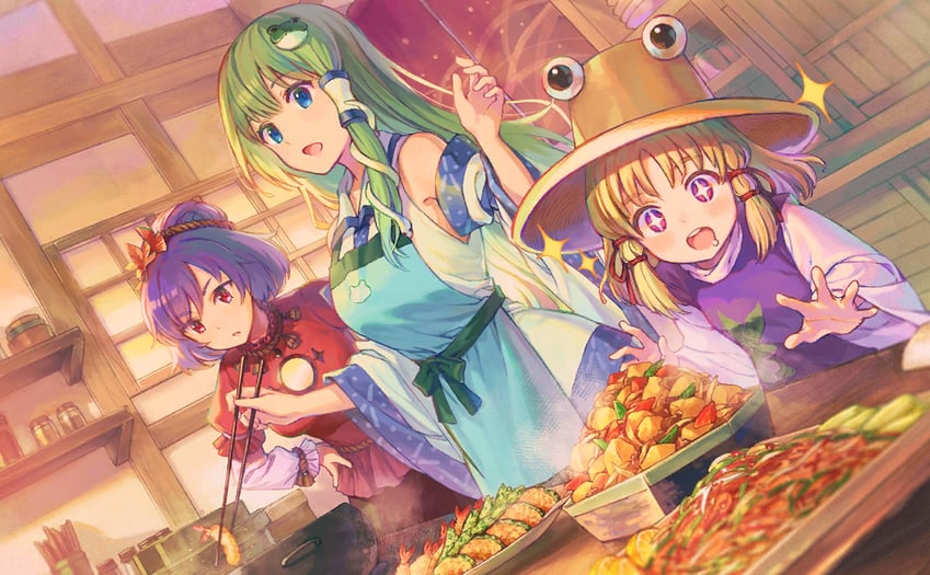 kochiya sanae, moriya suwako, and yasaka kanako (touhou and 1 more) drawn by moryo