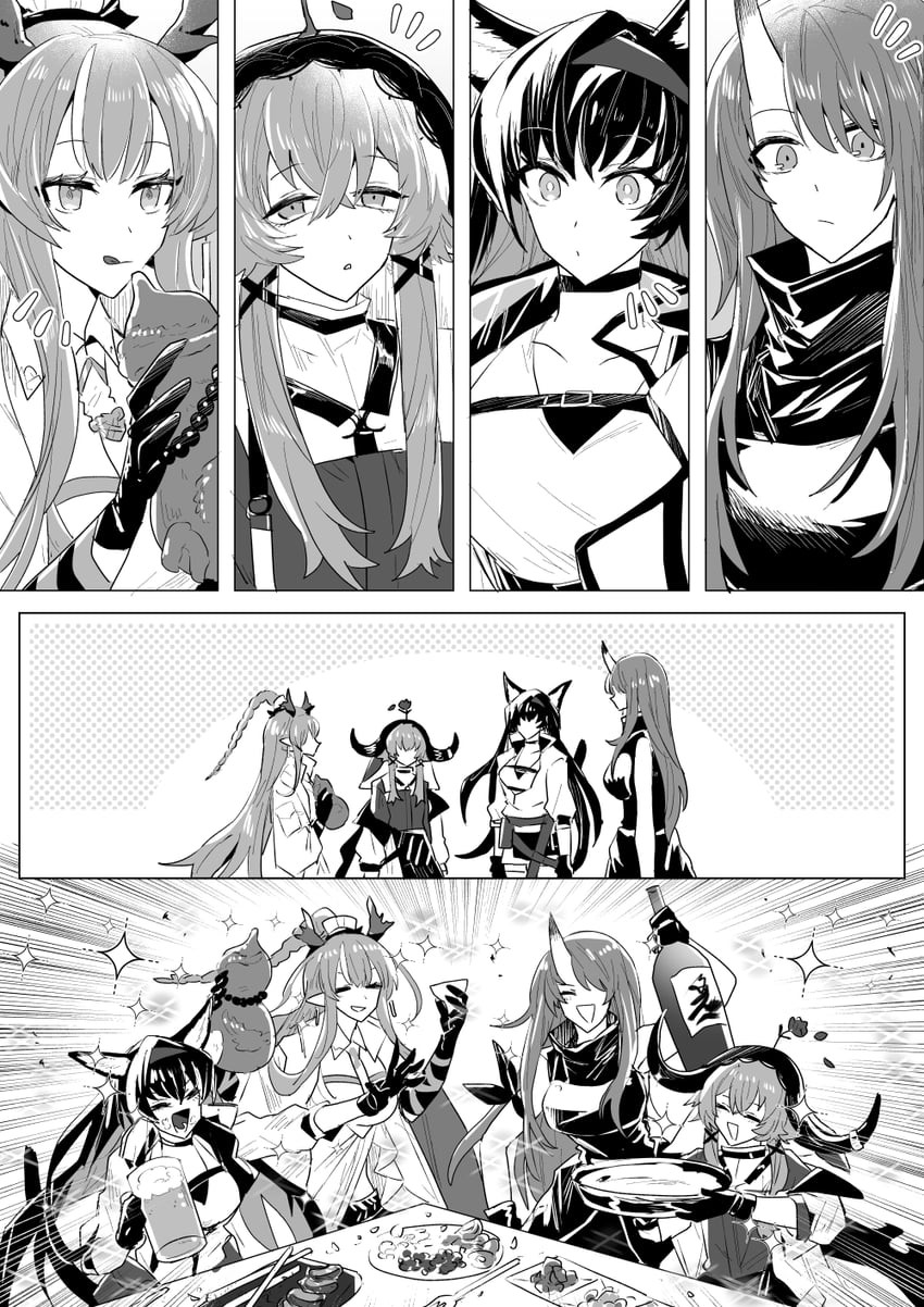 hoshiguma, ling, blaze, and pallas (arknights) drawn by iwashi_80