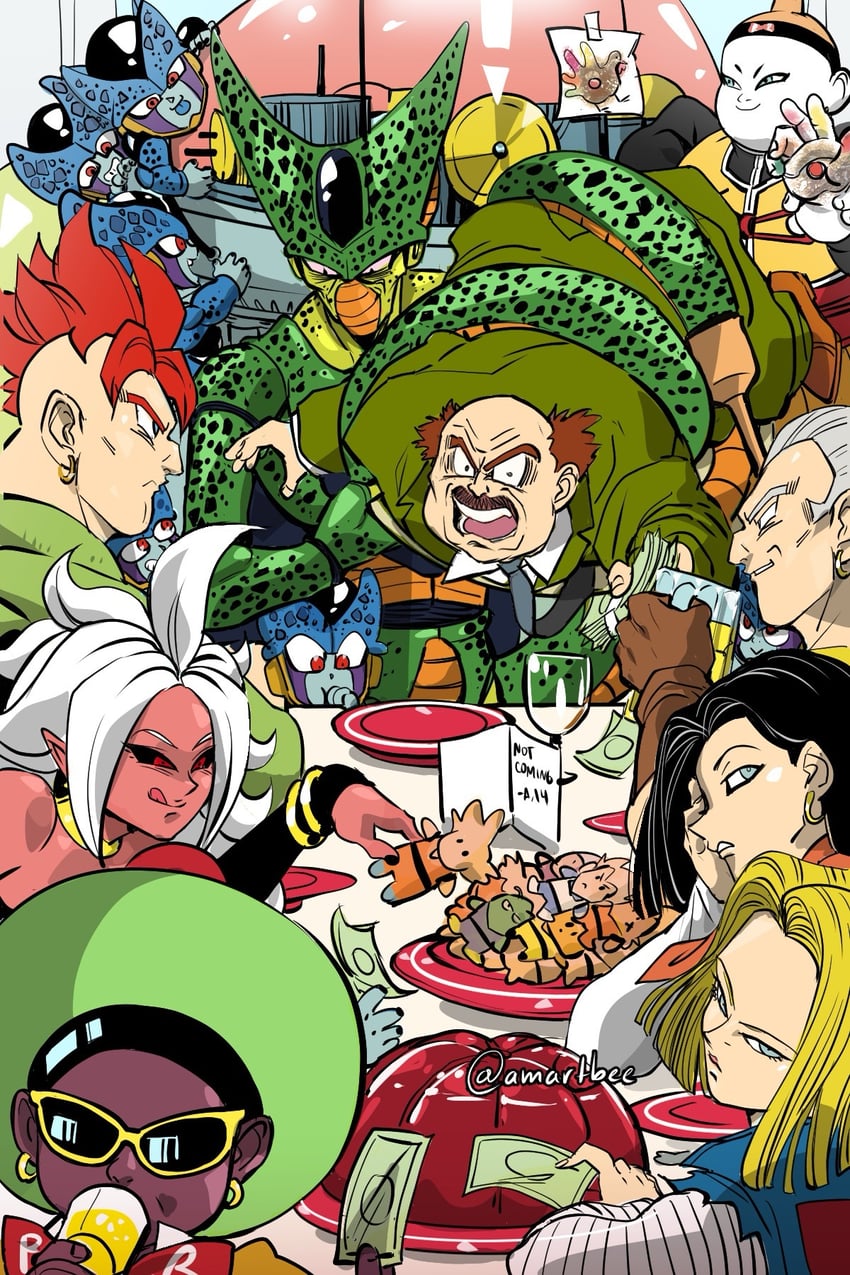 android 18, android 21, majin android 21, cell, android 17, and 6 more (dragon ball and 2 more) drawn by amartbee
