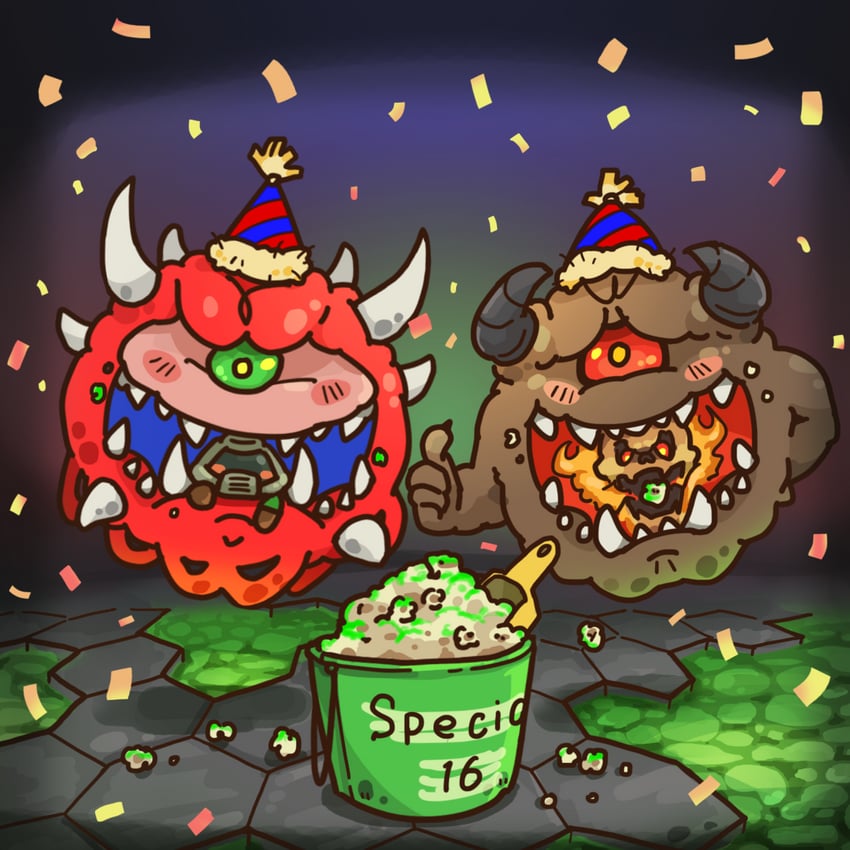 doomguy, cacodemon, lost soul, and pain elemental (doom and 1 more) drawn by kurashiki_nanka