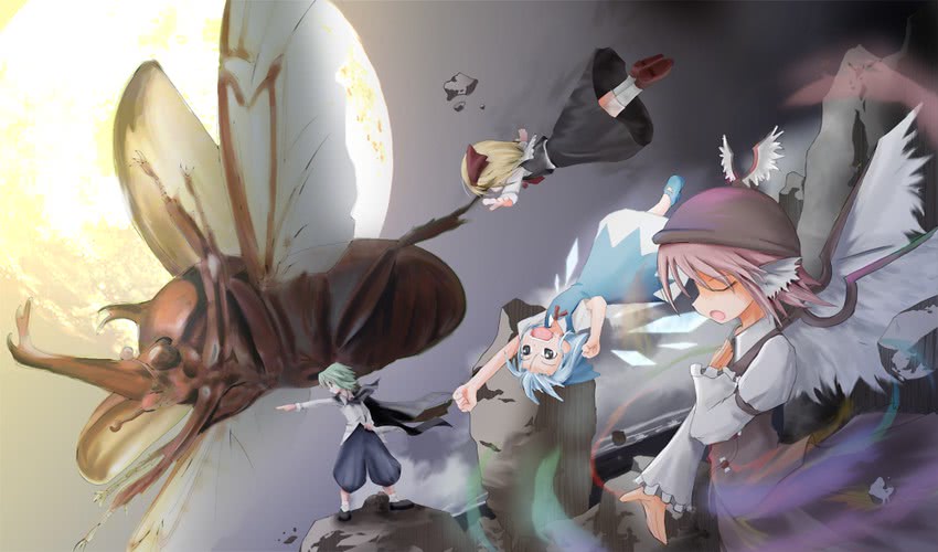 cirno, rumia, mystia lorelei, and wriggle nightbug (touhou) drawn by moriya_suo