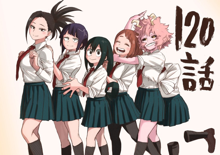 uraraka ochaco, asui tsuyu, yaoyorozu momo, ashido mina, jiro kyoka, and 1 more (boku no hero academia) drawn by horikoshi_kouhei