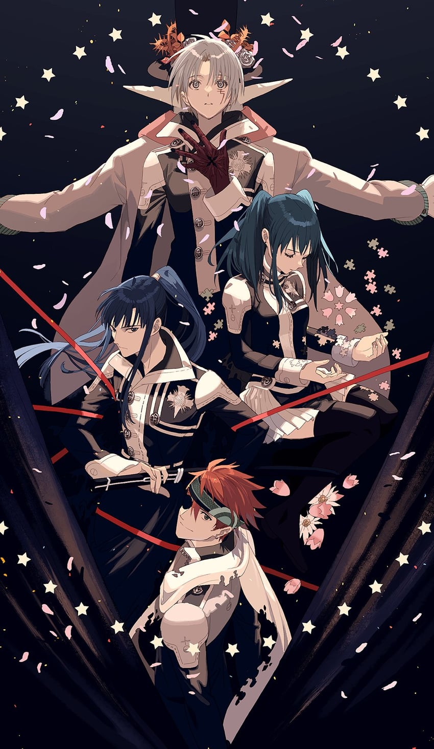 lenalee lee, allen walker, kanda yuu, lavi, and millennium earl (d.gray-man) drawn by okazaki_oka
