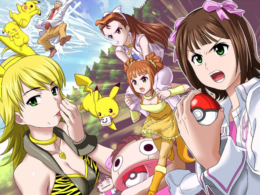 pikachu, hoshii miki, amami haruka, minase iori, takatsuki yayoi, and 1 more (pokemon and 2 more) drawn by g-tetsu