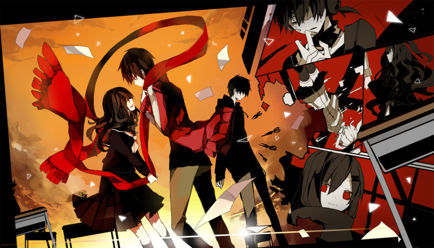 tateyama ayano, kisaragi shintarou, ene, konoha, dark konoha, and 1 more (kagerou project and 1 more) drawn by cyawa